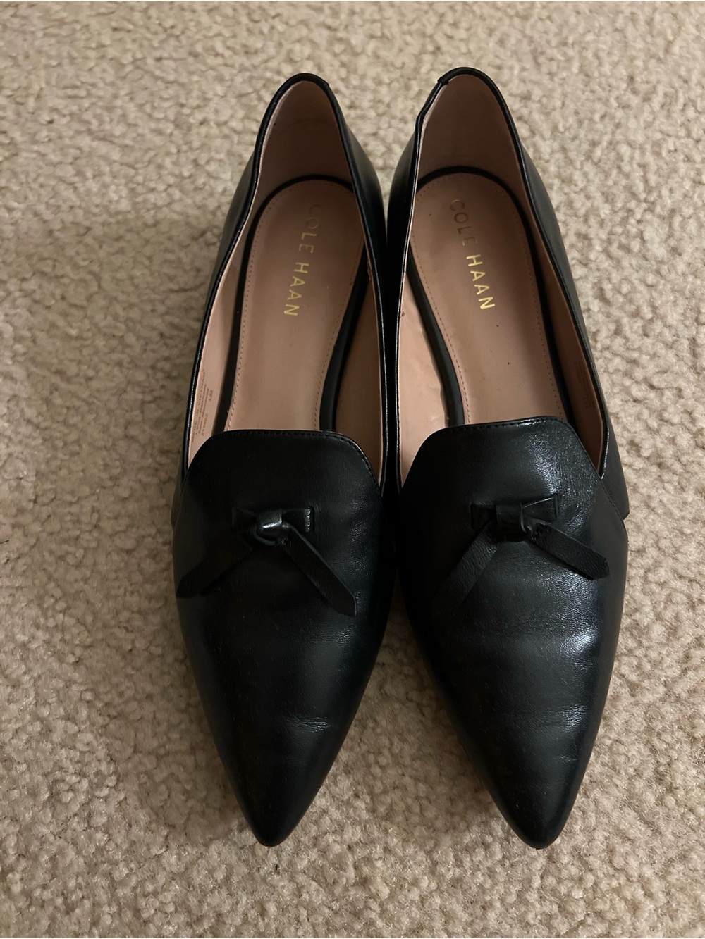 Cole Haan Black Pointed Toe Leather Loafers with Bow Accent